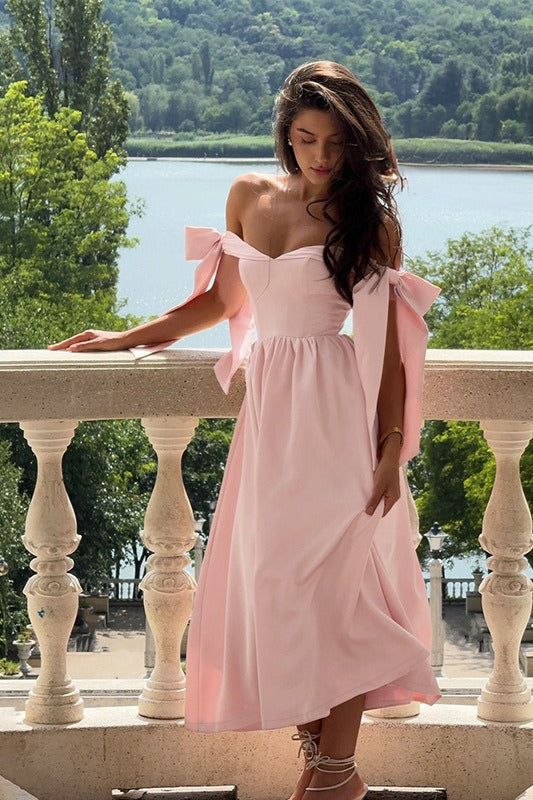 Off Shoulder Sweetheart Tie Bow Strap Corset Bodice A-Line Midi Dress - View 3