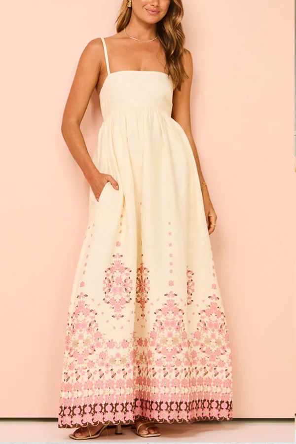 Linen Blend Floral Print Sleeveless A-Line Maxi Dress - View 2