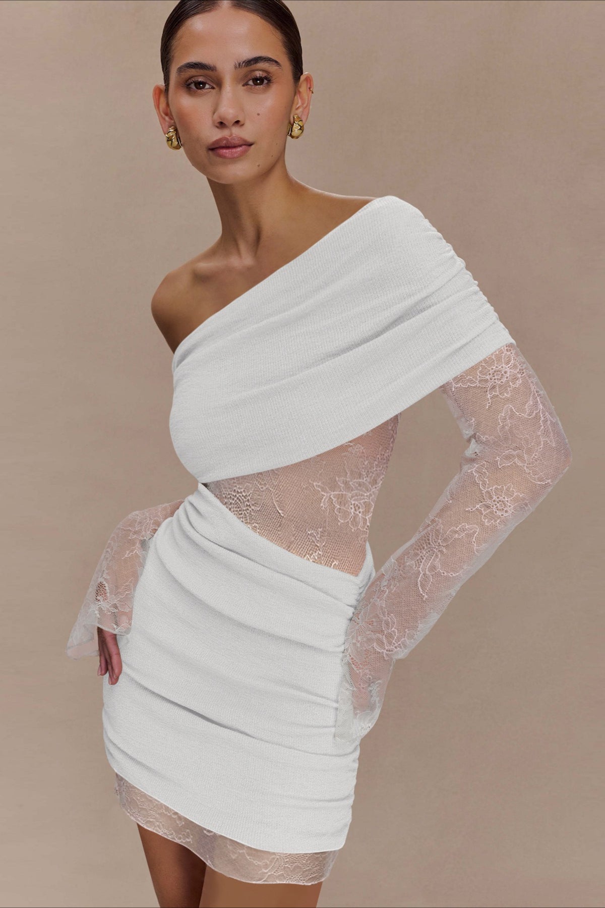 One Shoulder Lace Sleeve Ruched Mini Dress 3