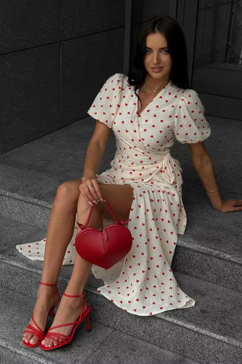 Heart Print V-Neck Puff Sleeve Wrap Maxi Dress 9