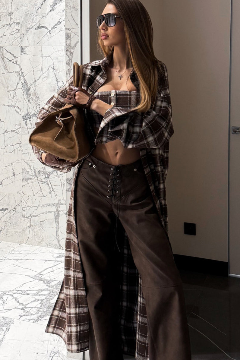 Designer Plaid Oversized Knee-Length Shirt Overcoat for Style