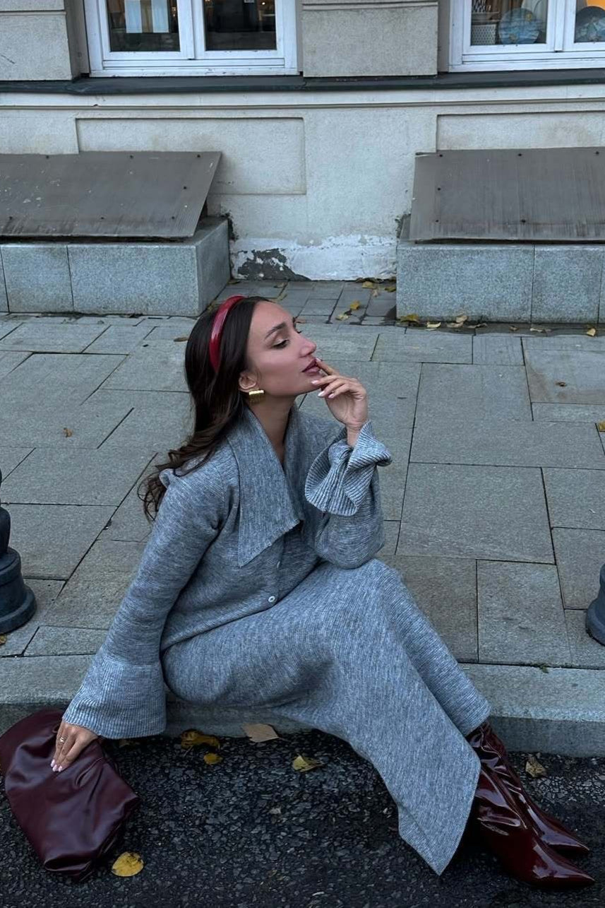 Elegant Pink Bell-Sleeve Cardigan and Straight Skirt Set