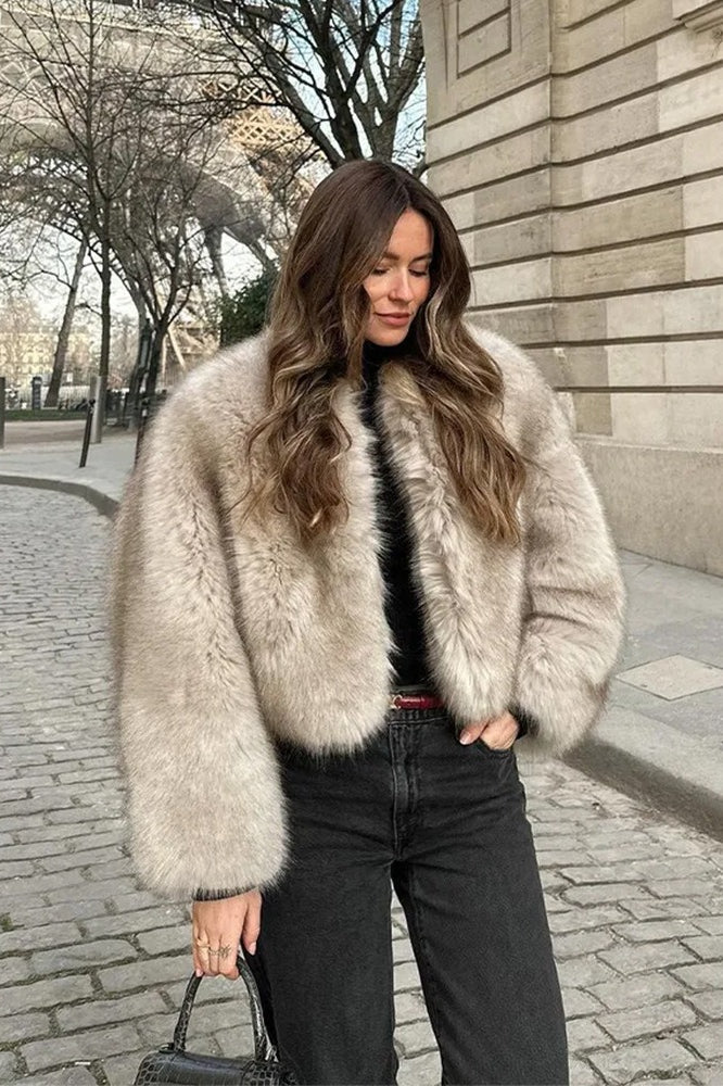 Textured Faux Fur Wide Sleeve Coat - Fashionpara
