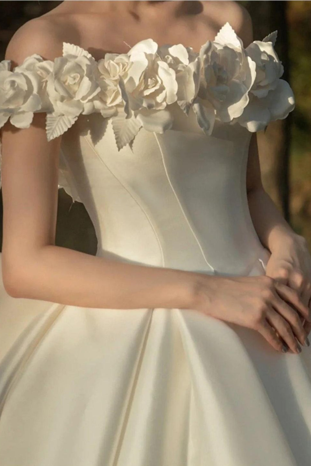 Off Shoulder Satin Train Wedding Dress