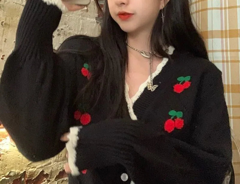 Sweet Cherry Button-Up Patchwork Knit Cardigan