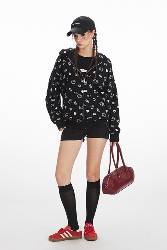 Loose Cat Print Zip Hoodie - Fashionpara