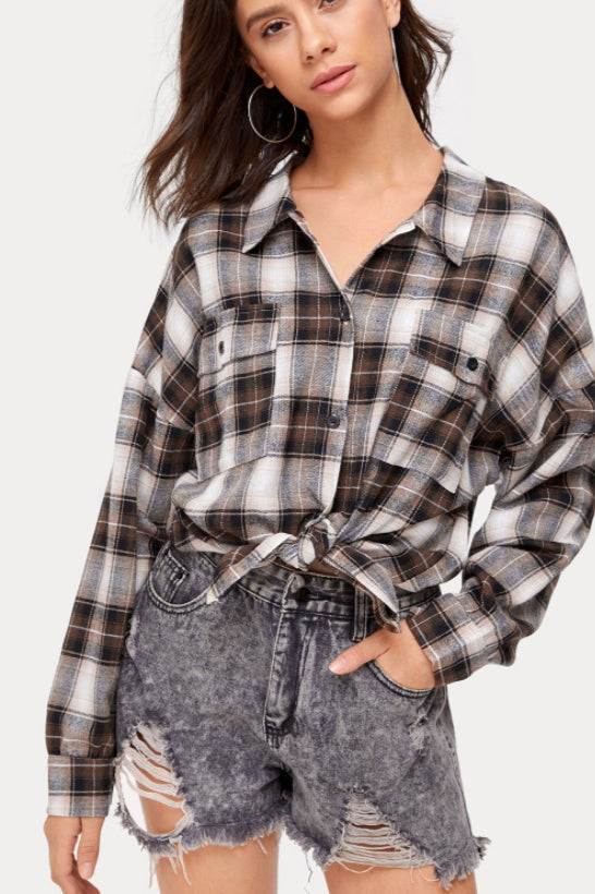 Plaid Stand Collar Button Shirt Blouse - Fashionpara