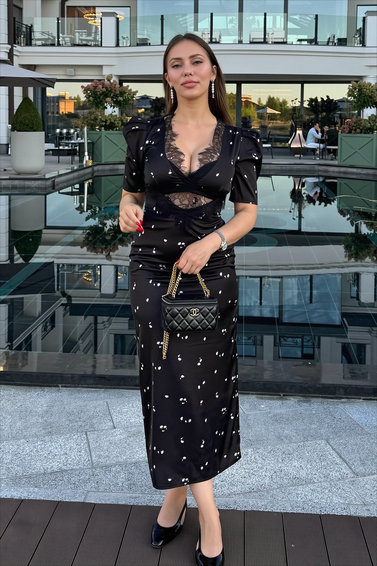 Polka Dot Lace Trim Puff Sleeve Midi Dress 2