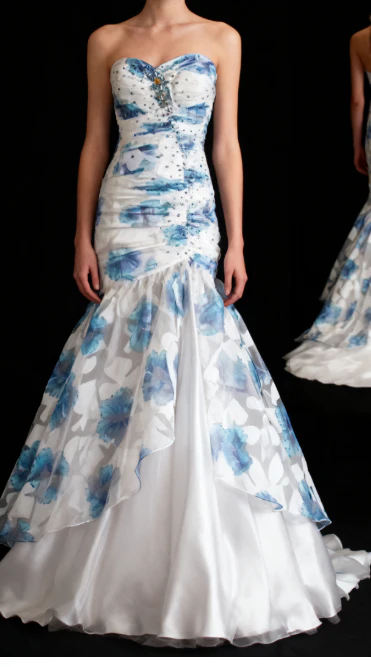 Elegant Sweetheart Neck Blue Tulle Print Floral Mermaid Long Prom Dresses Birthday Party Dress D1516