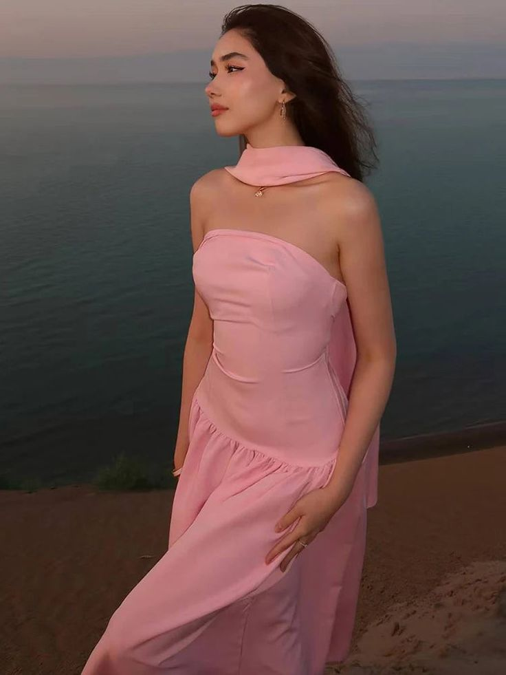 Classy Sleeveless Pink Satin Strapless Long Party Dress Prom Dress With Scarf D958