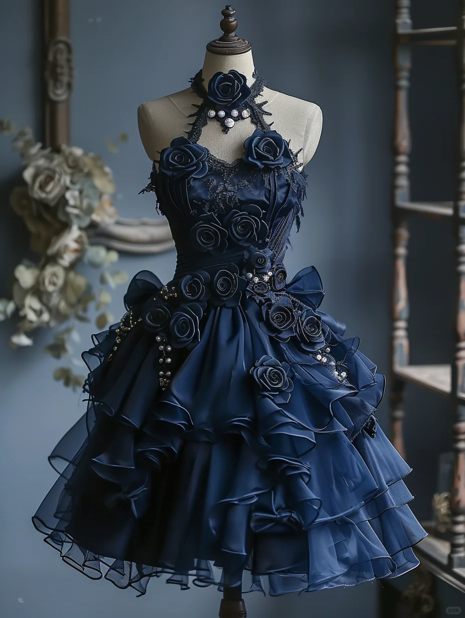 Charming Halter Navy Blue Chiffon 3D Flowers Short Birthday Outfits Formal Graduation Homecoming Dress D099