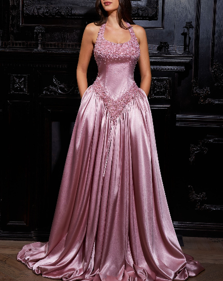 Gorgeous Halter Satin Beaded Long Evening Dress Birthday Party Dress D1281