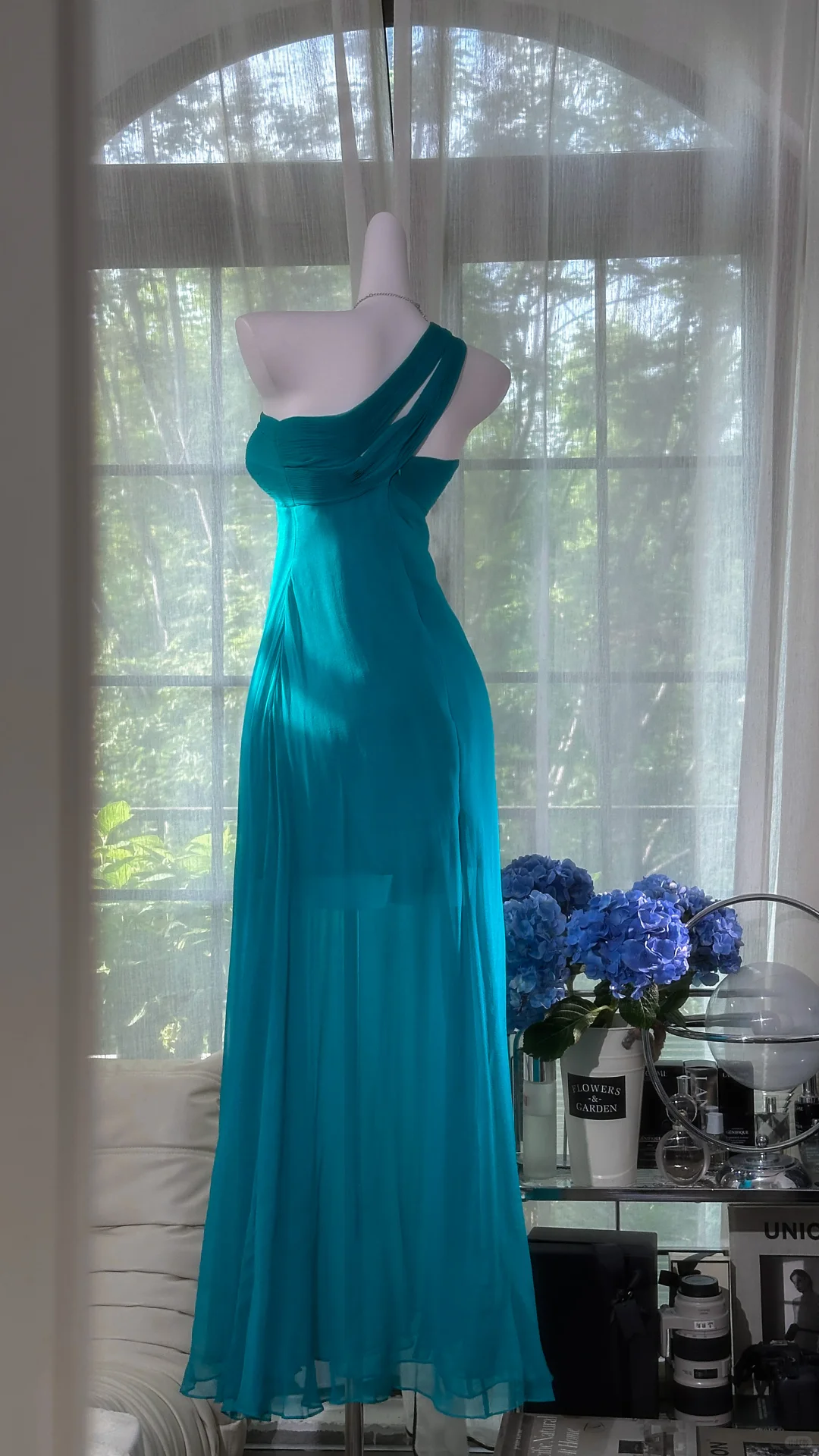 Elegant One Shoulder Blue Chiffon Long Prom Dress Formal Party Gown D869