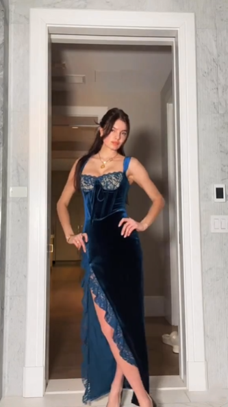 Classy Blue Velvet Lace Ruffles High Slit Long Party Dress Formal Wedding Guest Dress D1648