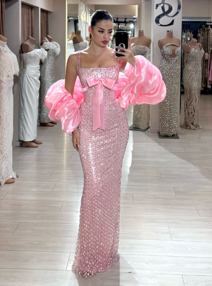 Gorgeous Spaghetti Straps Pink Sequin Beaded Mermaid Evening Dress Long Party Dress D1438