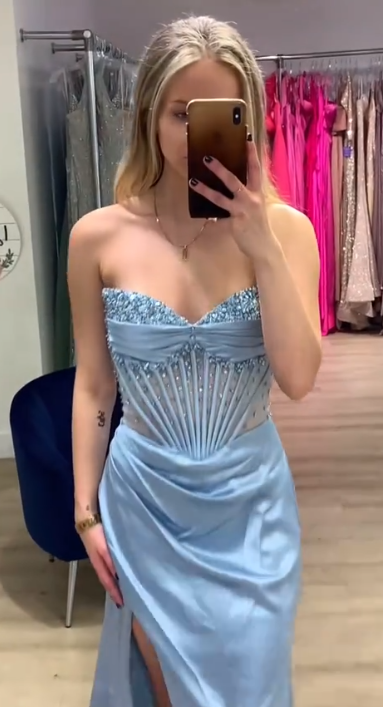 Classy Strapless Blue Satin Beaded Slit Mermaid Party Dress Long Prom Dress D913