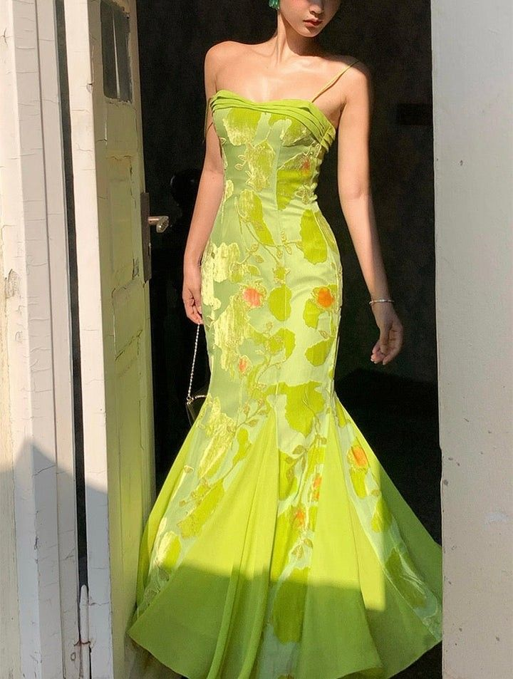 Gorgeous Spaghetti Straps Green Satin Print Floral Mermaid Party Dress Long Birthday Prom Dresses D1514