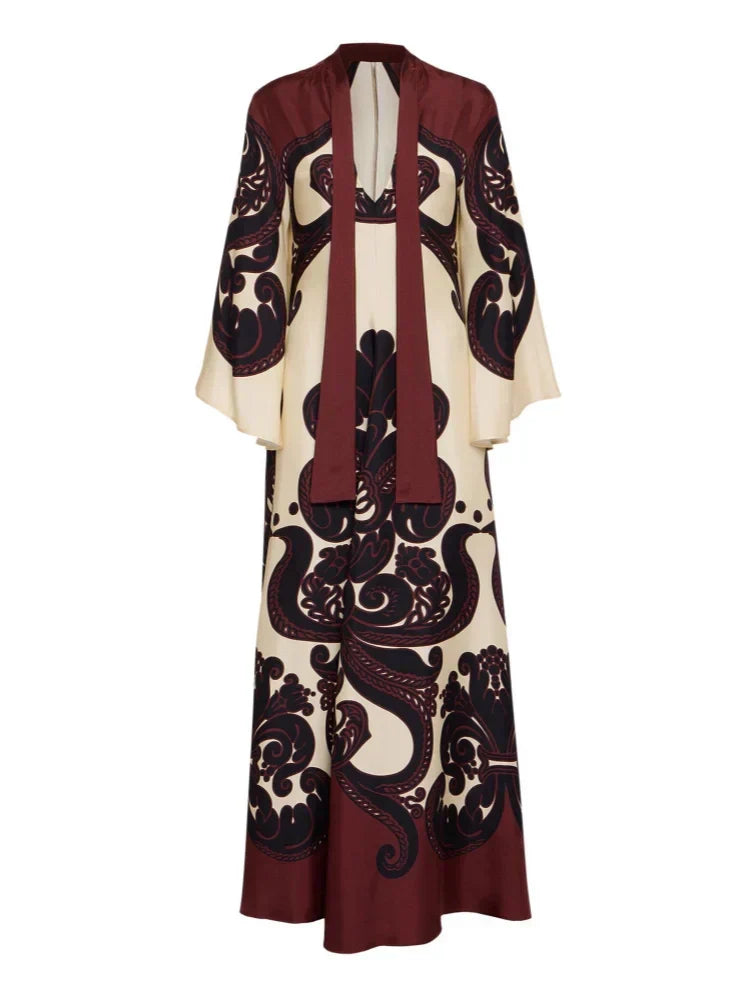 Scroll Print Satin Tie Neck Bell Sleeve A-Line Maxi Dress - View 7