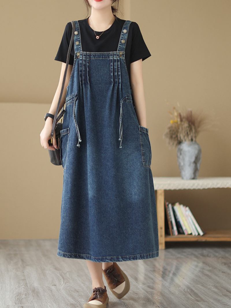 Denim Button-Strap Pocket Pinafore Midi Dress