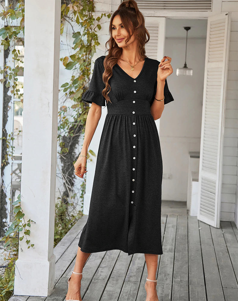 Knit V-Neck Button-Front Flutter-Sleeve A-Line Midi Dress 8