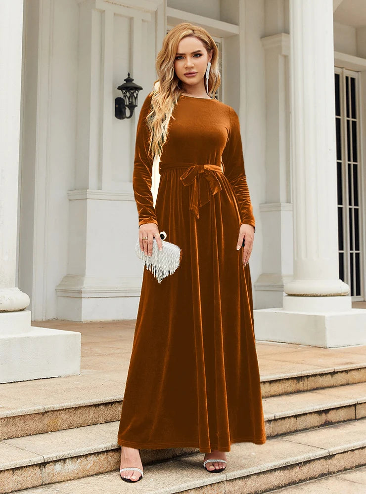 Velvet Long Sleeve Belted A-Line Maxi Dress 7