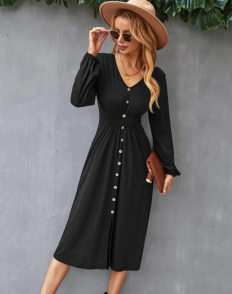 V-Neck Long-Sleeve Button-Front Fit-and-Flare Midi Dress 8