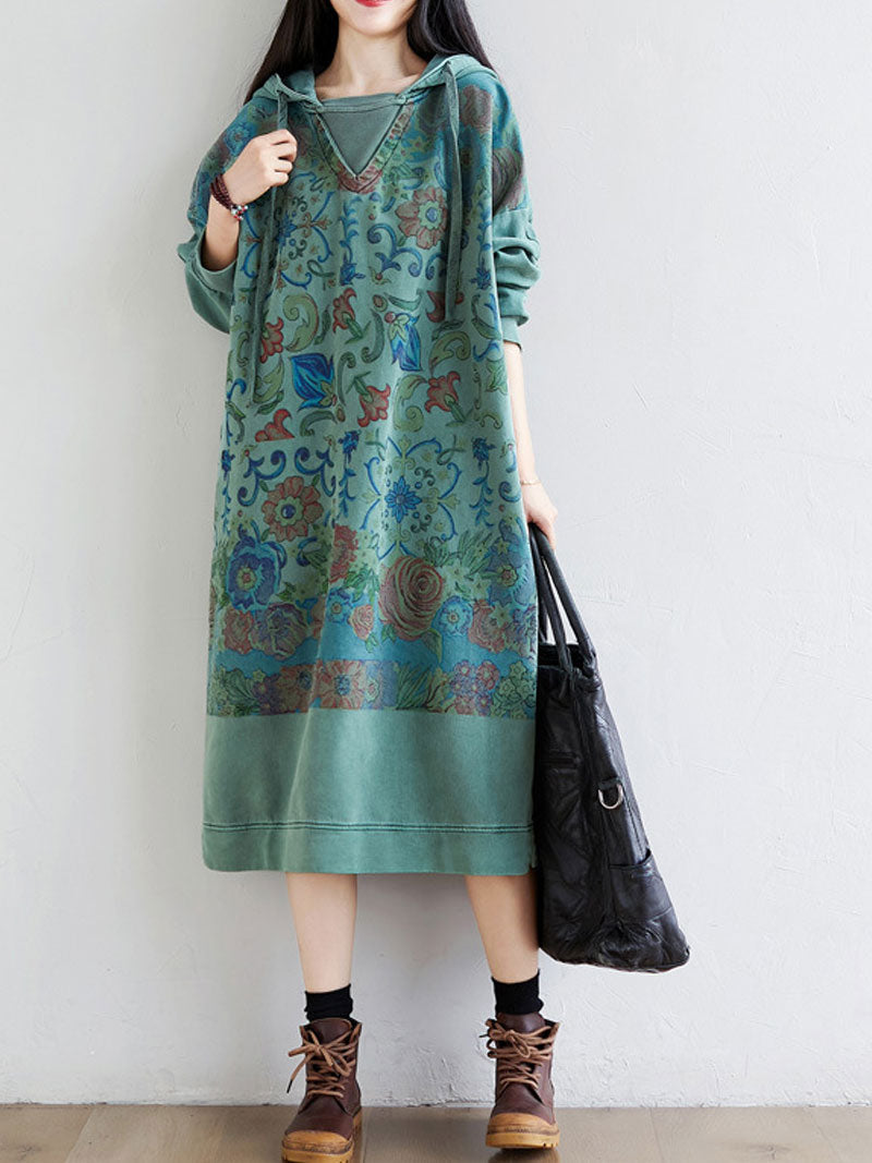Printed Hooded Long-Sleeve Sweatshirt Midi Dress 10