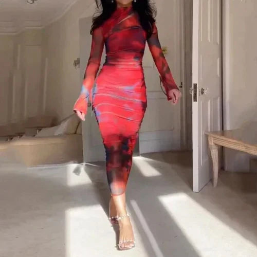 Ruched Mock Neck Long Sleeve Abstract Print Bodycon Midi Dress