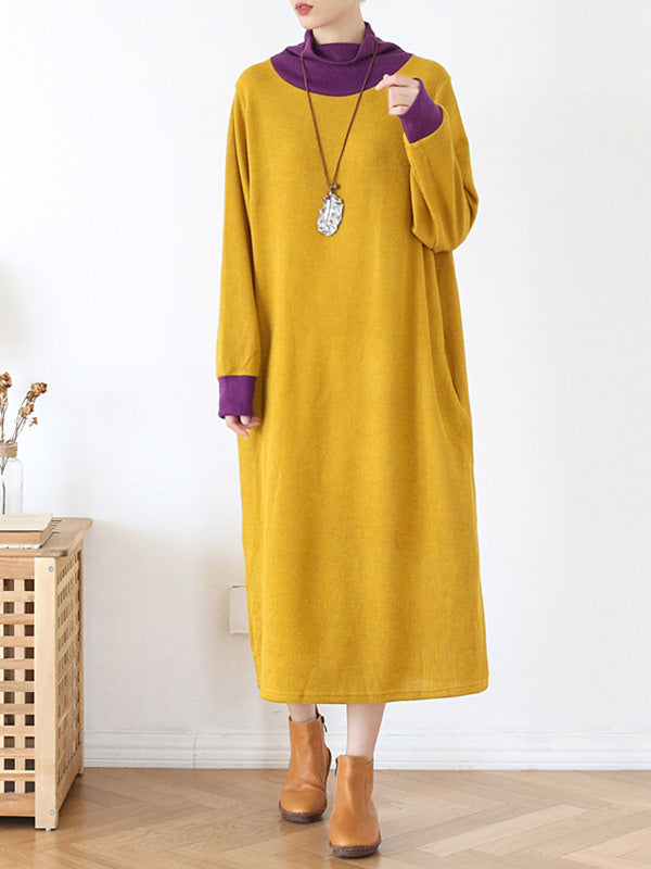Knit High-Neck Long-Sleeve Loose Sweater Midi Dress 8