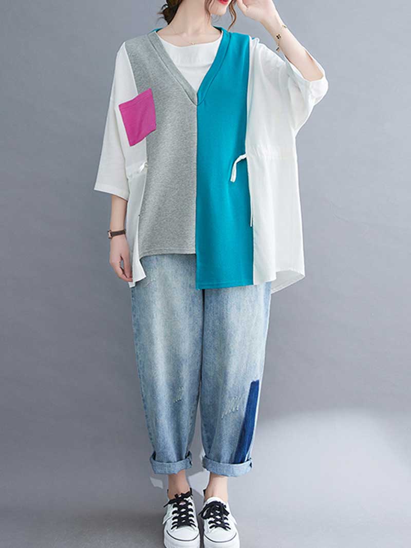 Colorful Print Round-Neck Shirt Top - Fashionpara