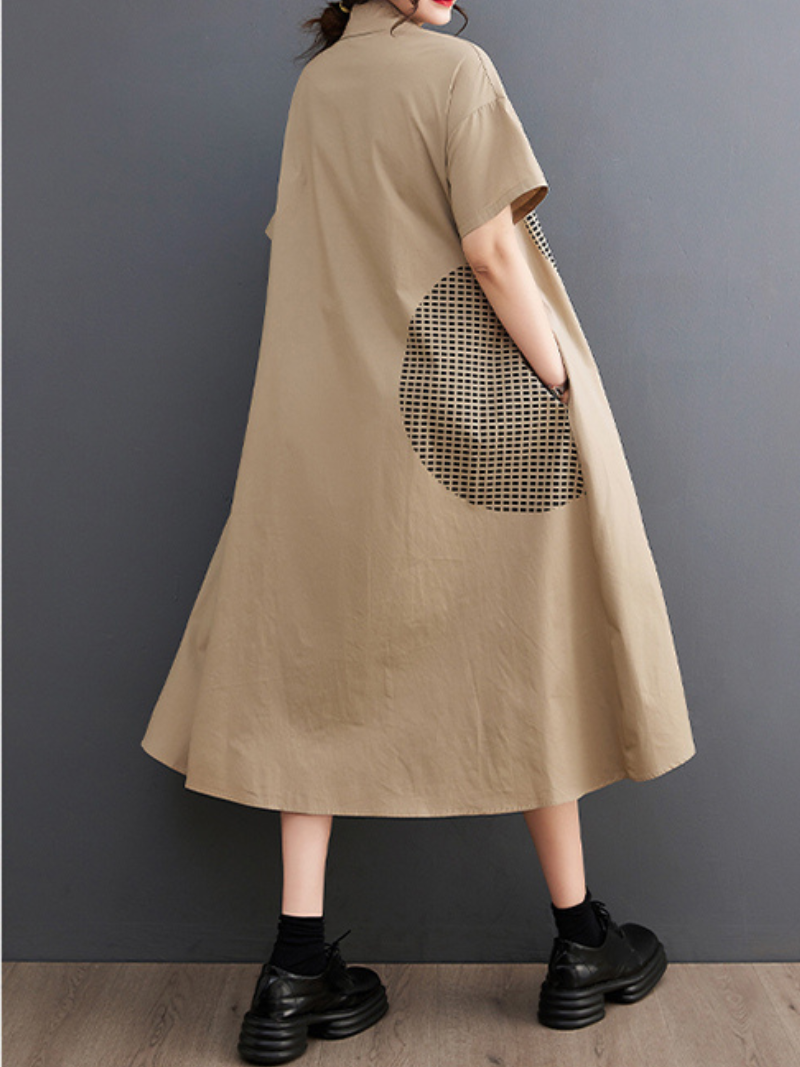 Checked Dot Collared Short Sleeve A-Line Midi Dress 6