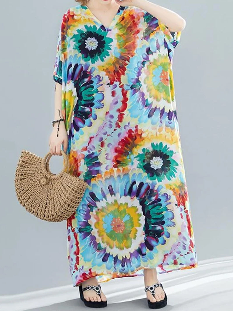 Feather Print V-Neck Batwing Kaftan Maxi Dress 8