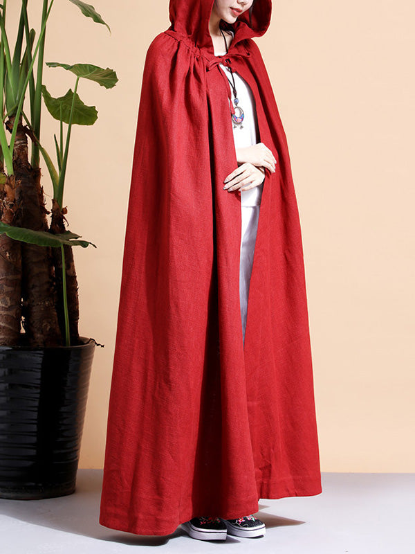 Solid Color Hooded Linen Cape Coat 7