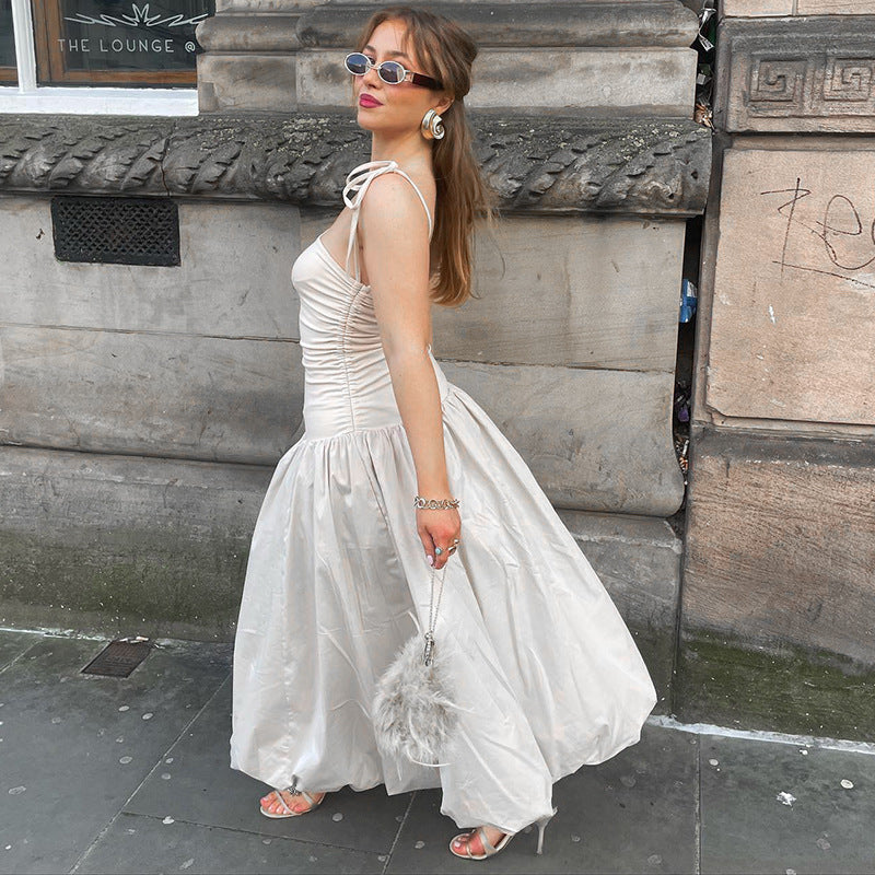 Tie-Strap Ruched Drop-Waist Bubble-Hem Midi Dress 7