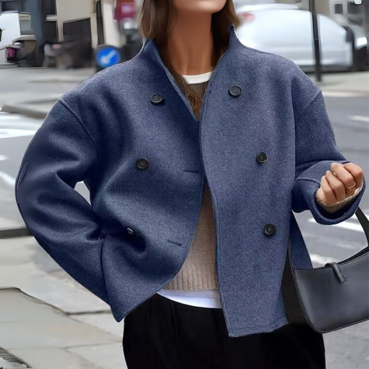 Stand Collar Double Breasted Long Sleeve Cropped Coat 4