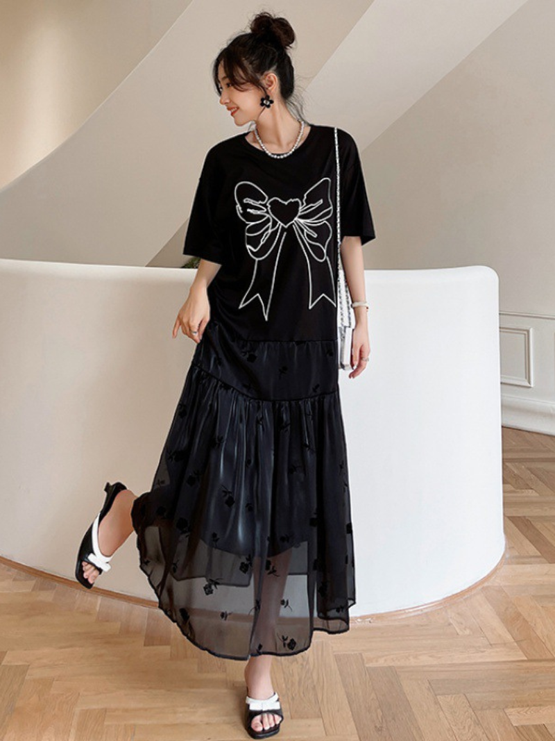 Summer Black Round Neck Short Sleeve A Line Casual Dress - Fashionpara