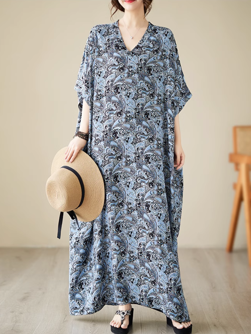 Paisley Print V-Neck Short-Sleeve Kaftan Maxi Dress 7