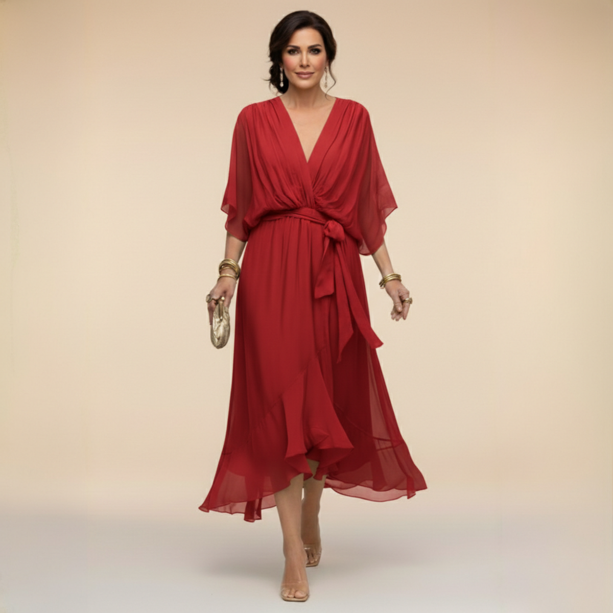 Deep V-Neck Flutter Sleeve Wrap Tie Ruffle Hem Chiffon Midi Dress 9