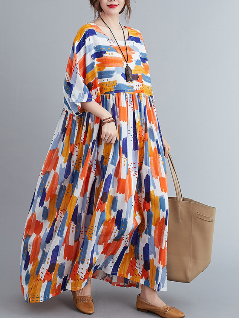 Abstract Print Round Neck Short Sleeve Smock Maxi Dress 2