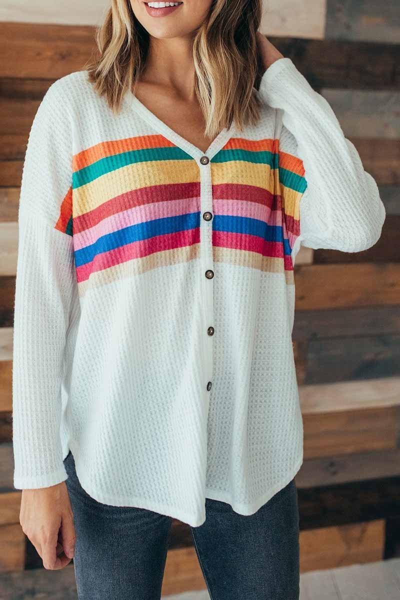 Florcoo Striped Rainbow Casual Button Tops - Fashionpara