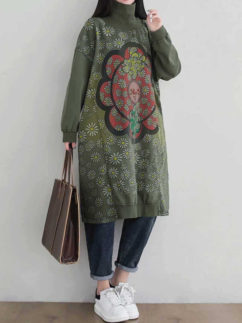 Make Your Dreams Printed Turtleneck Sweater Midi Dress - Fashionpara