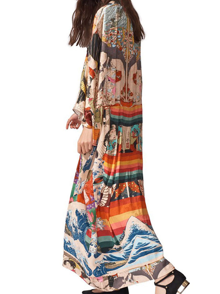 Printed Multicolor Chiffon Polyester Long Length Gown Kimono Duster Robe 2