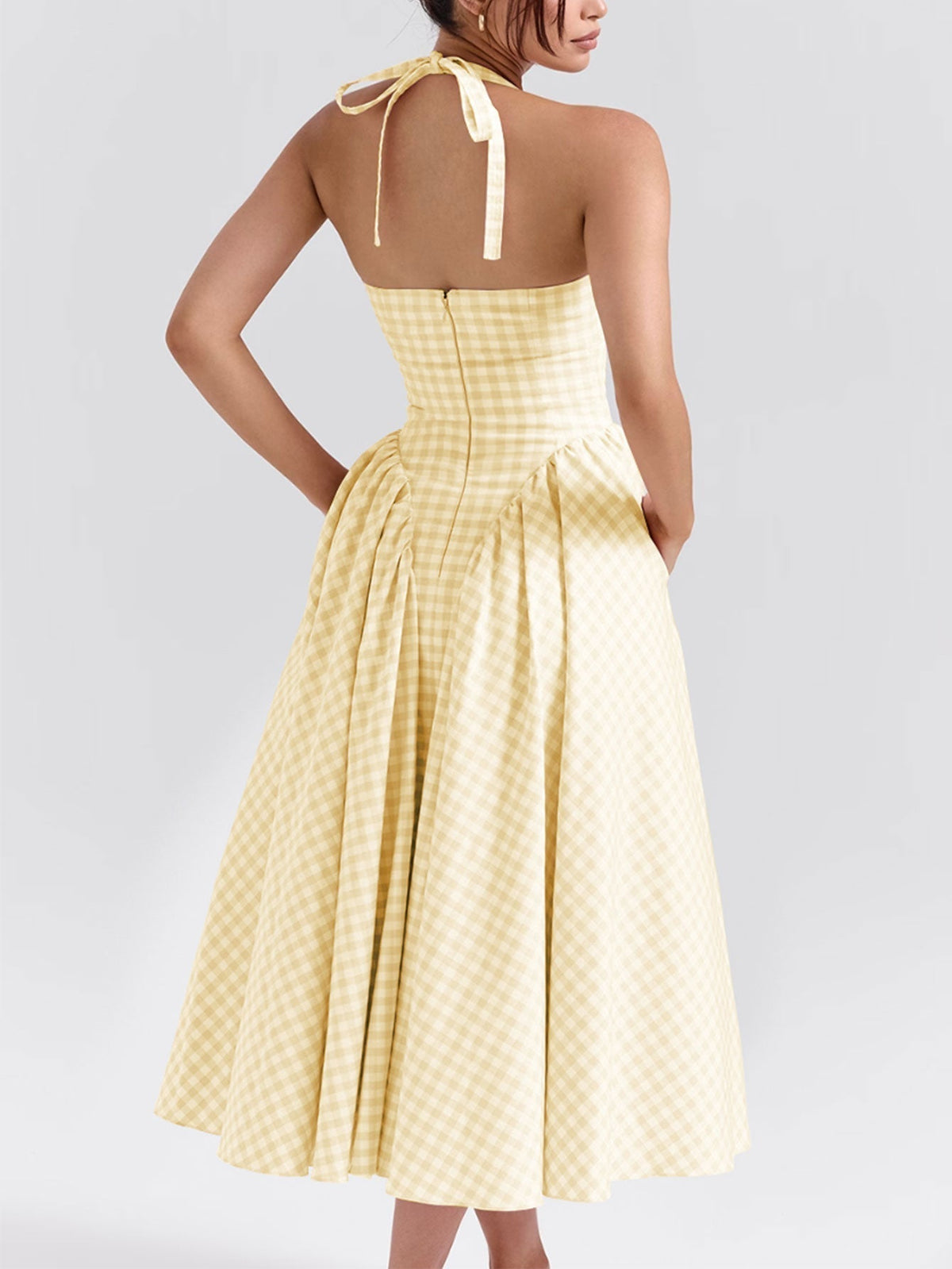 Deep V-Neck Halter Neck Gingham Pleated Midi Dress - View 21