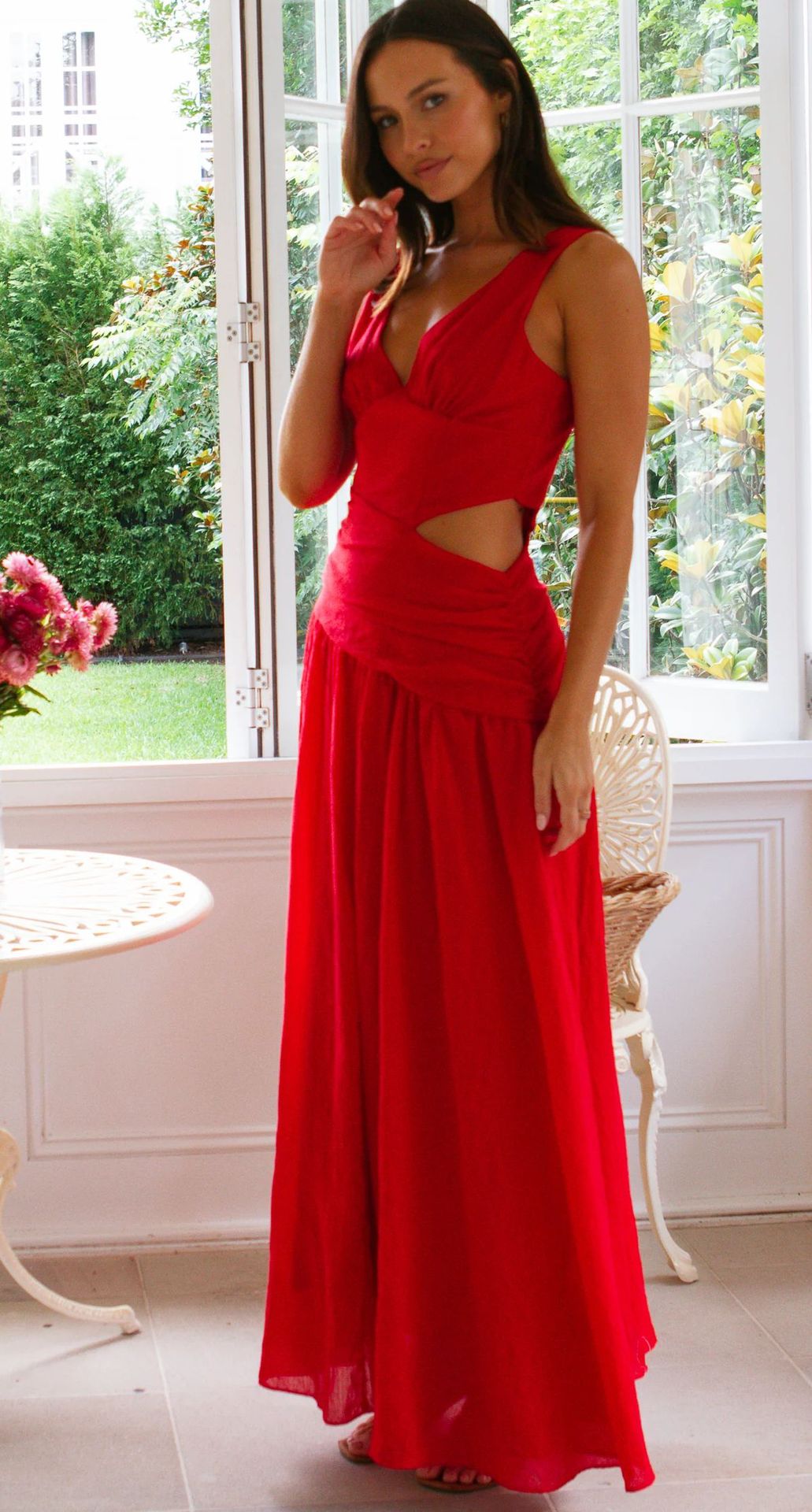 V-Neck Side-Cutout Crossover Waist Flowy Maxi Dress 8