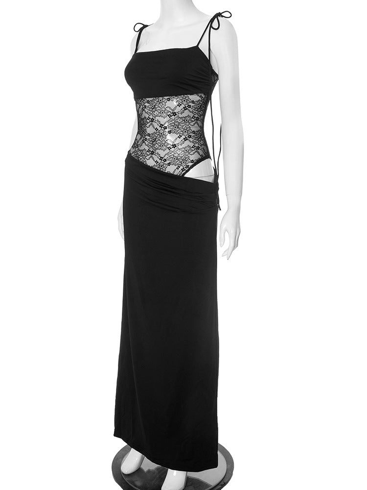 Strappy Lace-Panel Straight-Neck Column Maxi Dress 8