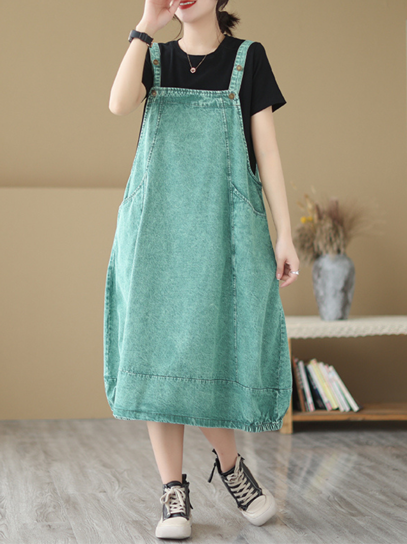 Pause The Moment Denim Round Neck Salopette Dress - Fashionpara
