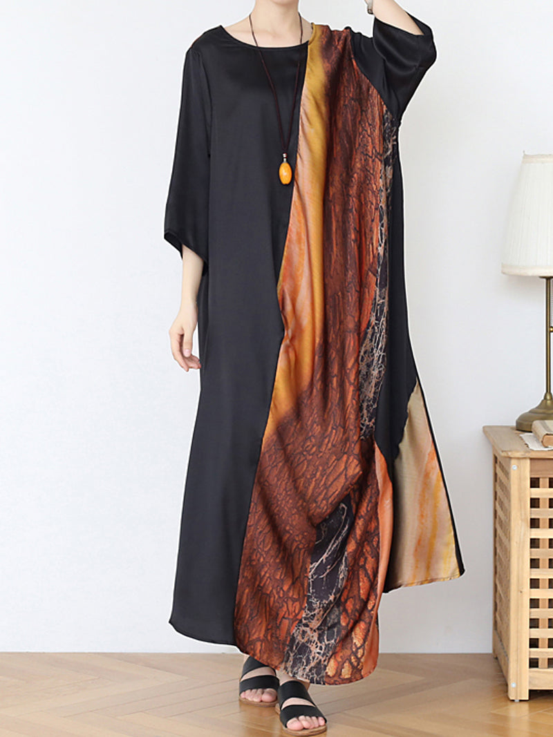Marble Print Round Neck Batwing Sleeve Kaftan Maxi Dress 2