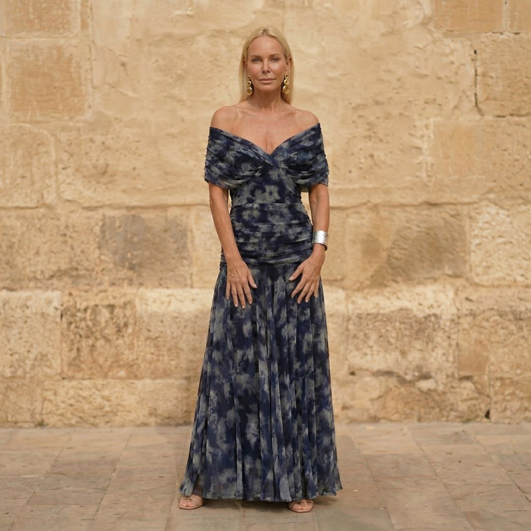 Off Shoulder Ruched Tie Dye Fit and Flare Maxi Dress