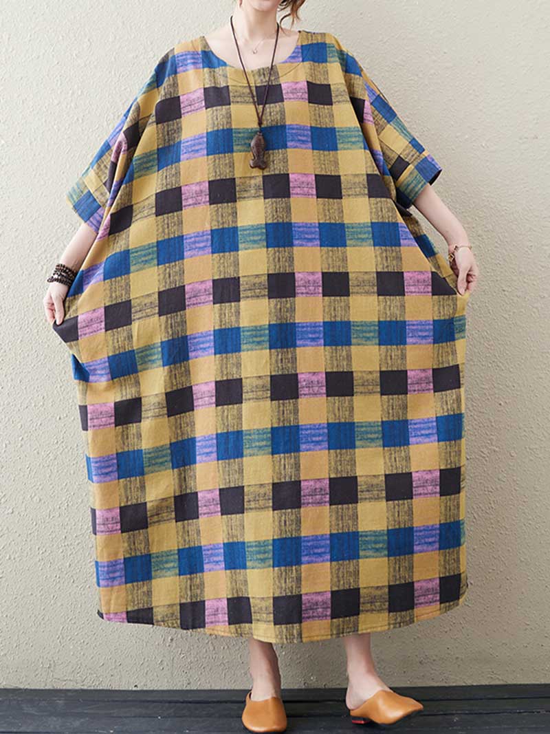 Plaid Check Round Neck Batwing Cocoon Midi Dress 3