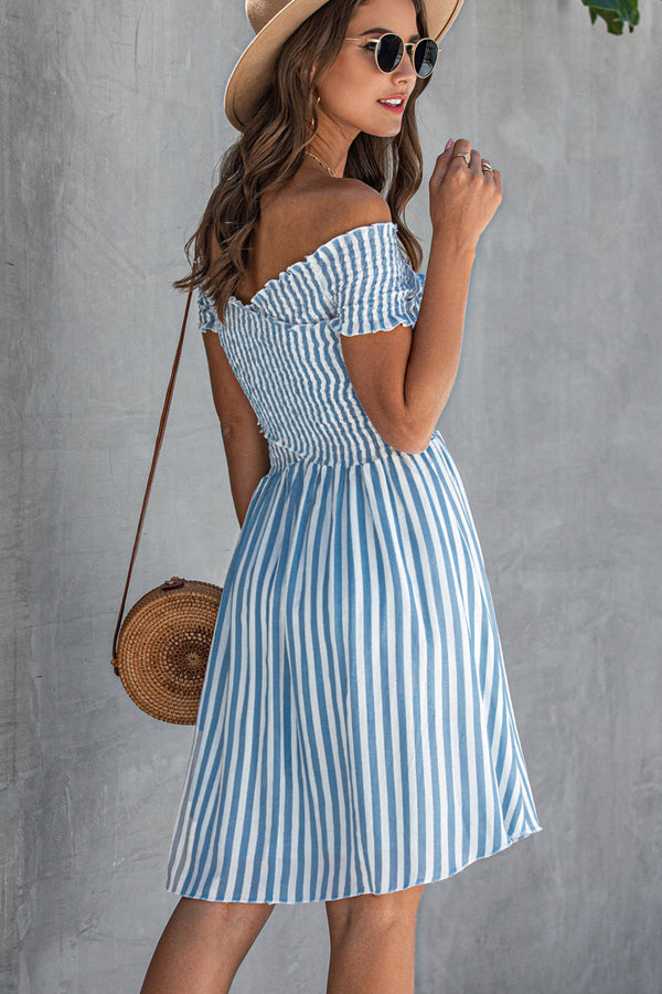 Smocked Chest Bardot Stripe Print Mini Dress